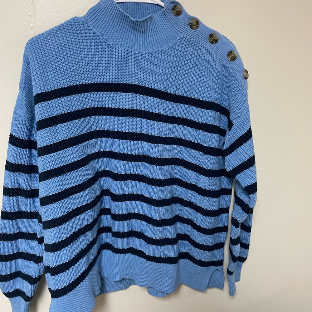Blue & Navy Striped Turtleneck Sweater with Button Accents